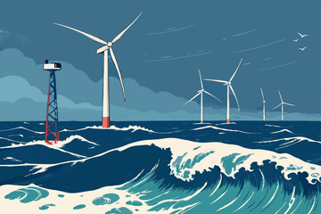 Create a bold vector illustration of an offshore wind farm, showcasing large, powerful wind turbines against a deep blue ocean backdrop.  Include detailed turbine components. © takasan