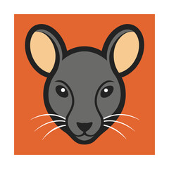 Stylized illustration of a cute rat face with large ears and whiskers against orange background