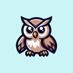 Owl mascot design for nocturnal predator bird cartoon, forest animal illustration, wise bigeyes character logo template, flat emblem, vector art graphic cute icon with feather wings and beak

