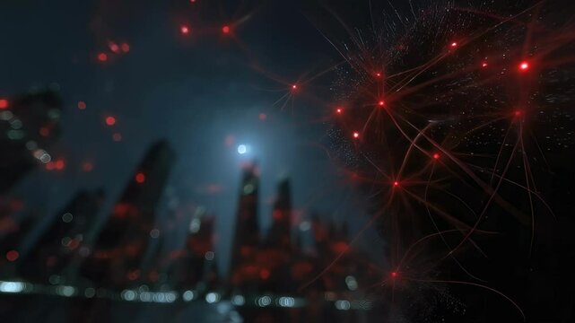 An abstract representation of night in a futuristic city with bioluminescent bacteria reminiscent of stars symbolizing the nightly process where AGI orchestrates the of bespoke phages