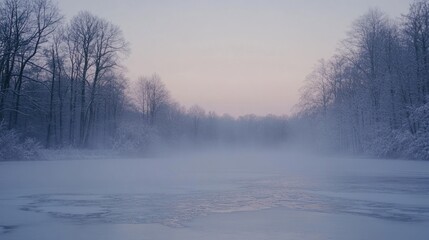 Serene Winter Landscape: Misty Frozen Lake Surrounded by Snow-Covered Trees
