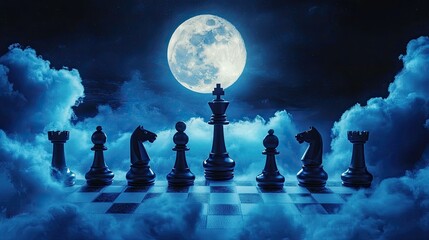 Nighttime chess  under a full moon, a strategic position.