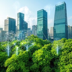 Fototapeta premium Sustainable smart cities infrastructure leveraging AI, renewable energy, and green technologies to reduce energy consumption, enhance resource management, and promote eco-friendly urban development.