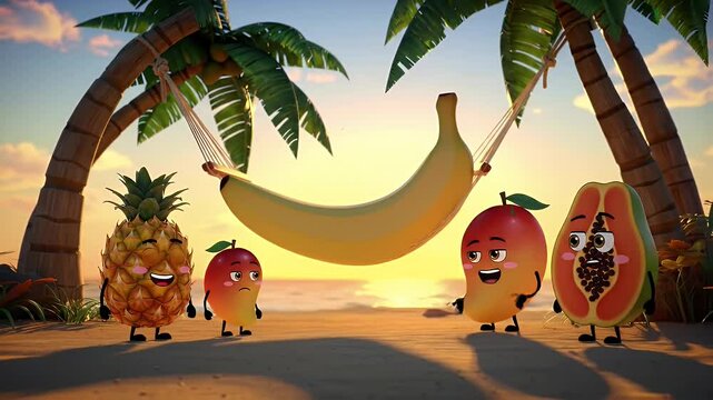 Animated Fruits Enjoying Summer Vacation at Tropical Beach with Palm Trees