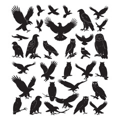Set of black bird' vector icon silhouettes isolated on white background