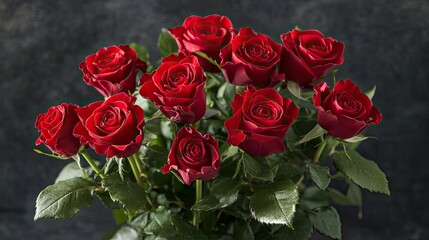 Obraz premium Fresh red rose bouquet with sharp focus on petals and blurred black background for depth