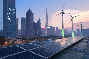 Futuristic smart city skyline, bold, modern architecture with solar panels on rooftops, clean energy sources powering the city.