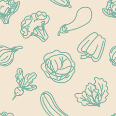 Seamless vector pattern with various vegetables in green outline style. Includes cabbage, onion, zucchini, pepper, radish, eggplant and leafy greens. Beige background