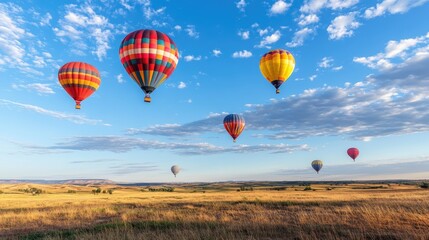 Naklejka premium Group of balloons in bold primary colors floating upward against a vast blue sky