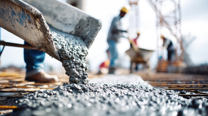 Concrete pouring at construction site with worker using wheelbarrow and bucket for cement mix
