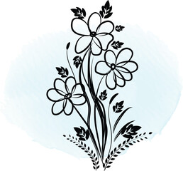 Elegant Black Floral Bouquet on Light Blue Watercolor Background