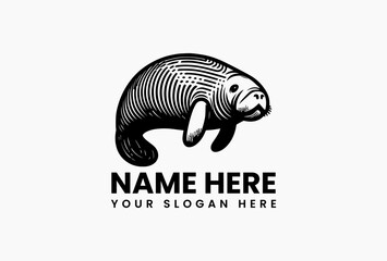 Stylized black manatee silhouette with flowing abstract line patterns in minimalist vector logo. Marine wildlife conservation concept  