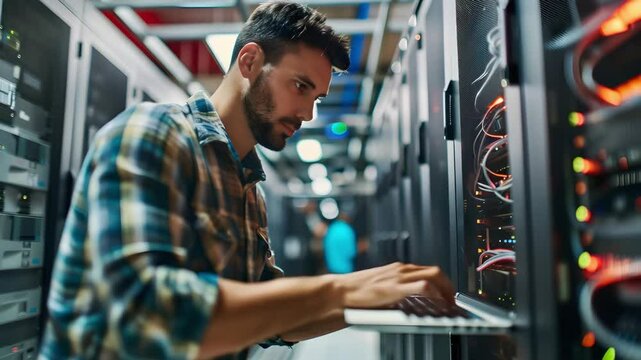 Man working on laptop in server room managing network cables and hardware, focused on technology and data center as IT technician computer expert