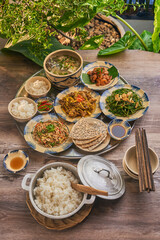 Traditional Vietnamese Food in wooden table