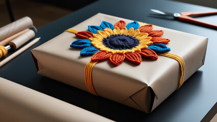 Presenting the Gift: A meticulously crafted present, adorned with an exquisite floral embellishment, rests upon a dark surface. Meticulously prepared for a special occasion.
