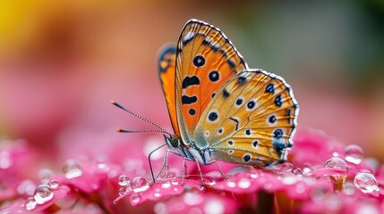 Obraz premium Hyper-realistic close-up of vibrant butterfly on grass with water droplets, soft bokeh background in professional nature photography style