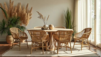 Obraz premium Bright Beige Dining Room With Woven Chairs And Wooden Table