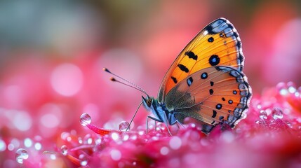 Obraz premium Hyper-realistic close-up of vibrant butterfly on grass with water droplets, soft bokeh background in professional nature photography style