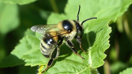 Honeybee on a bright sunflower surrounded by lush green leaves in a sunny outdoor environment