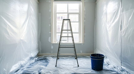 Renovating an empty room with protective plastic and a ladder for painting tasks