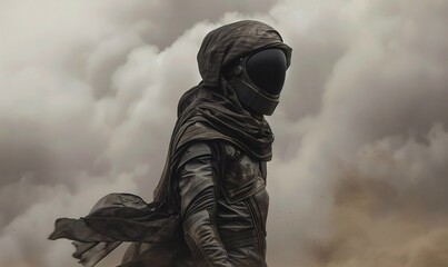 A mysterious figure stands alone on a dusty desert plain, clad in black leather, with a hood and helmet obscuring their face, amidst a gray, cloudy sky.