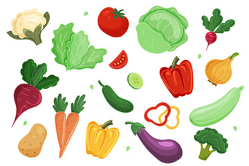 Fototapeta premium Flat vector set of various fresh vegetables including carrot, tomato, cucumber, cabbage, onion, beetroot, bell pepper, zucchini, broccoli and lettuce. Isolated on white background