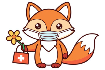 Orange cartoon fox wearing a medical mask holding a flower and first aid kit bag