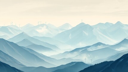 Fototapeta premium Mountain range with fog in blue and white tones under a bright sky.