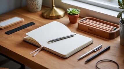wood hardwood material A well-arranged workspace featuring a notebook, pens, and greenery on a wooden desk.