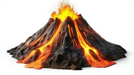 Isolated Erupting Volcano on White Background