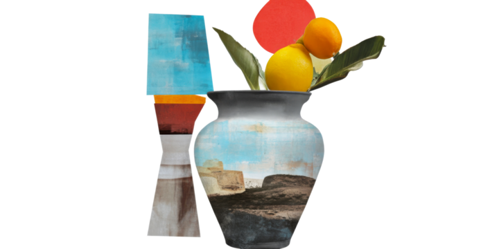 Abstract vase with fruit, leaves, and shapes, cut out transparent