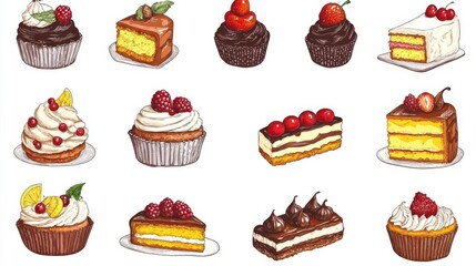 Illustration of birthday cake clipart with pieces of well dressed cakes