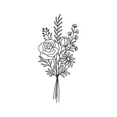 Wildflower bouquet vector. Rose flower bouquet. Hand drawn flower, wild plant, botanical vector illustration