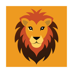 Cartoon illustration of a majestic lion head facing forward on an orange background