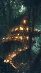 Anime-style dinner in a forest cabin surrounded by nature
