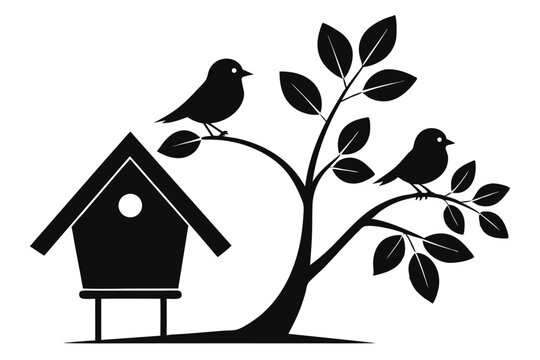 recommend clip art: Two birds perch on a tree branch beside a birdhouse in black silhouette