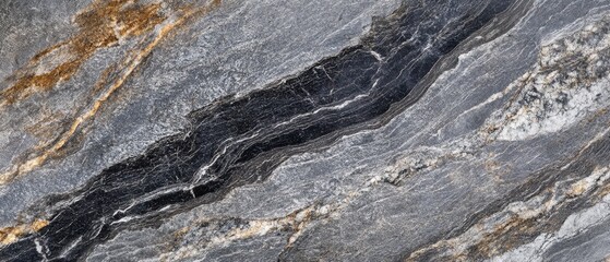 Naklejka premium Natural stone textured surface with dark gray and gold patterns perfect for interior design, flooring, countertops, and home renovation projects.
