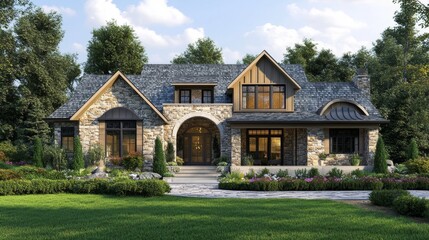 A charming suburban stone house with a gabled roof, rounded arch entrance, large windows, andgardens creating a peaceful, welcoming curb appeal