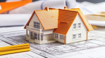 A miniature model of a house with orange roof and white body, placed on a blueprint with architectural plans and tools in the background.