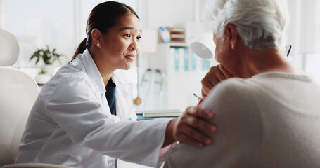 Support, doctor and sad with old woman in office for consulting, empathy or cancer diagnosis....