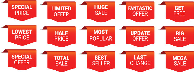 collection of red promotional labels with white bold text for discounts, offers and sale banners	