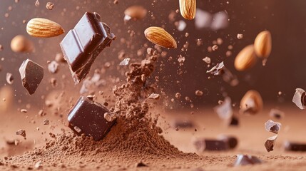 Slow motion style image of cocoa powder blast with glossy chocolate bites and almonds suspended