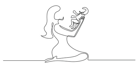one continuous line drawing of a mother holding a baby. one line drawing of a mother and child. suitable for baby product image elements, baby care
