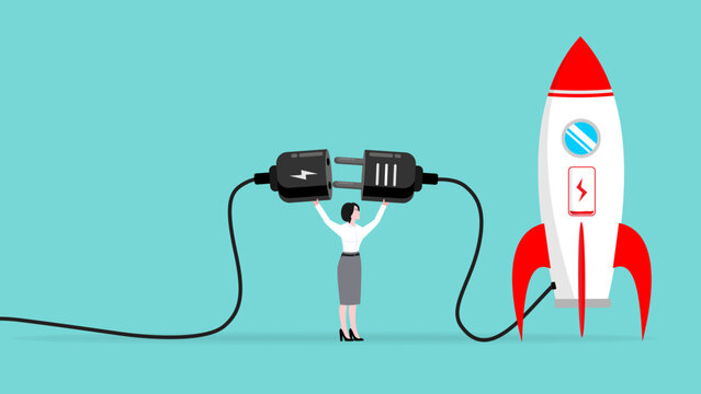 prepare start up business to achieve goal or target, Start up target of business development process, businesswoman connect plug with rocket to power socket to charge rocket for launching new product