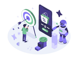 Isometric Digital Marketing and E-commerce Illustration – Tablet with Shopping Bag Icon, Target, Robot, Dollar Coin in Purple and Green

