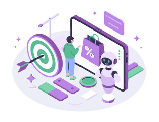 Isometric Digital Marketing and E-commerce Illustration – Tablet with Shopping Bag Icon, Target, Robot, Dollar Coin in Purple and Green

