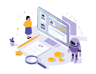 Isometric Digital Workspace Illustration – Computer Monitor with Profiles, Robot Assistant, Coins, and Office Elements in Purple and Yellow