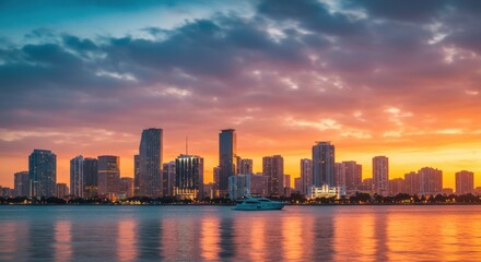 Fototapeta premium Miami Skyline Sunset: A Breathtaking Panorama of Cityscape and Golden Hues