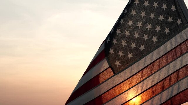 Memorial Day USA. Remember and Honor. Silhouettes of American flag waving on background of beautiful sunset or sunrise for honoring, mourning USA military. Memorial Day, Happy Holiday American Concept