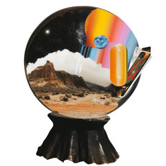 Crystal ball featuring desert landscape and cosmos, cut out transparent